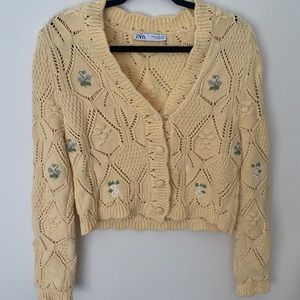 Zara Cropped Crochet Cardigan w/ Floral Embroidery